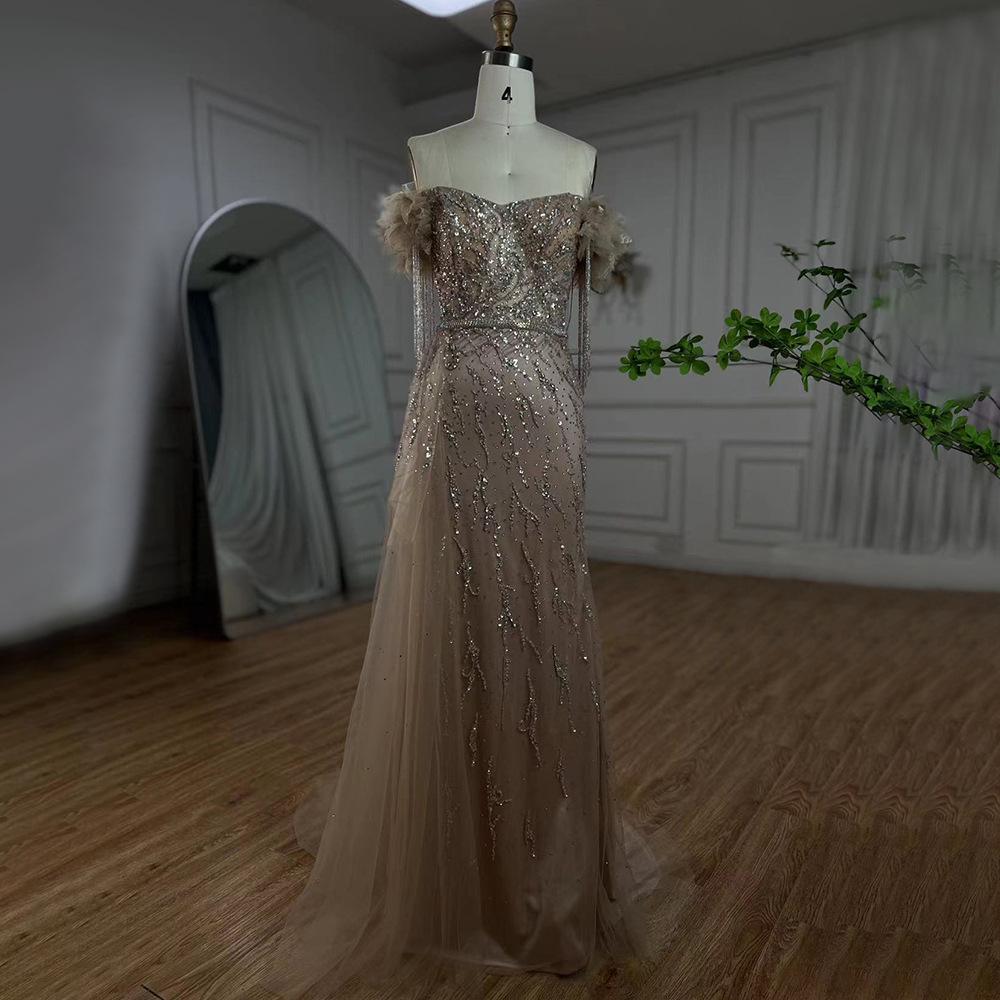 High-end elegant tassel short-sleeved fishtail long dress light luxury temperament celebrity banquet hosting dress LA11110