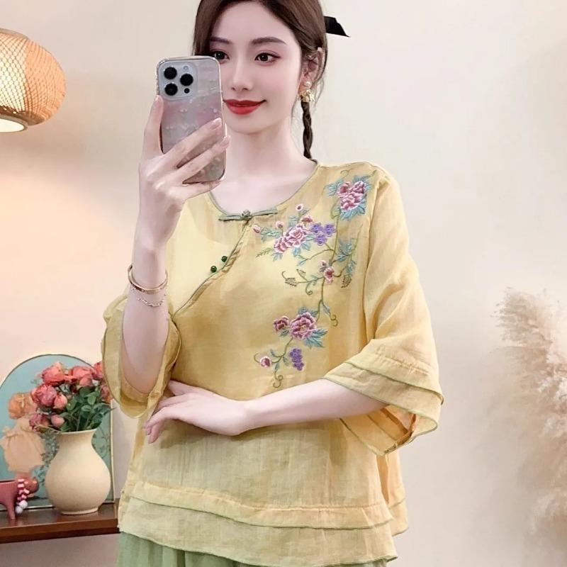 Women's Sheer Purple Floral Embroidery Blouse with Frog Button and Contrast Trim Casual Linen Shirt