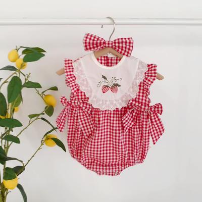 Baby Girl Red Plaid Lace Cotton Romper - Summer Triangle One-Piece Suit