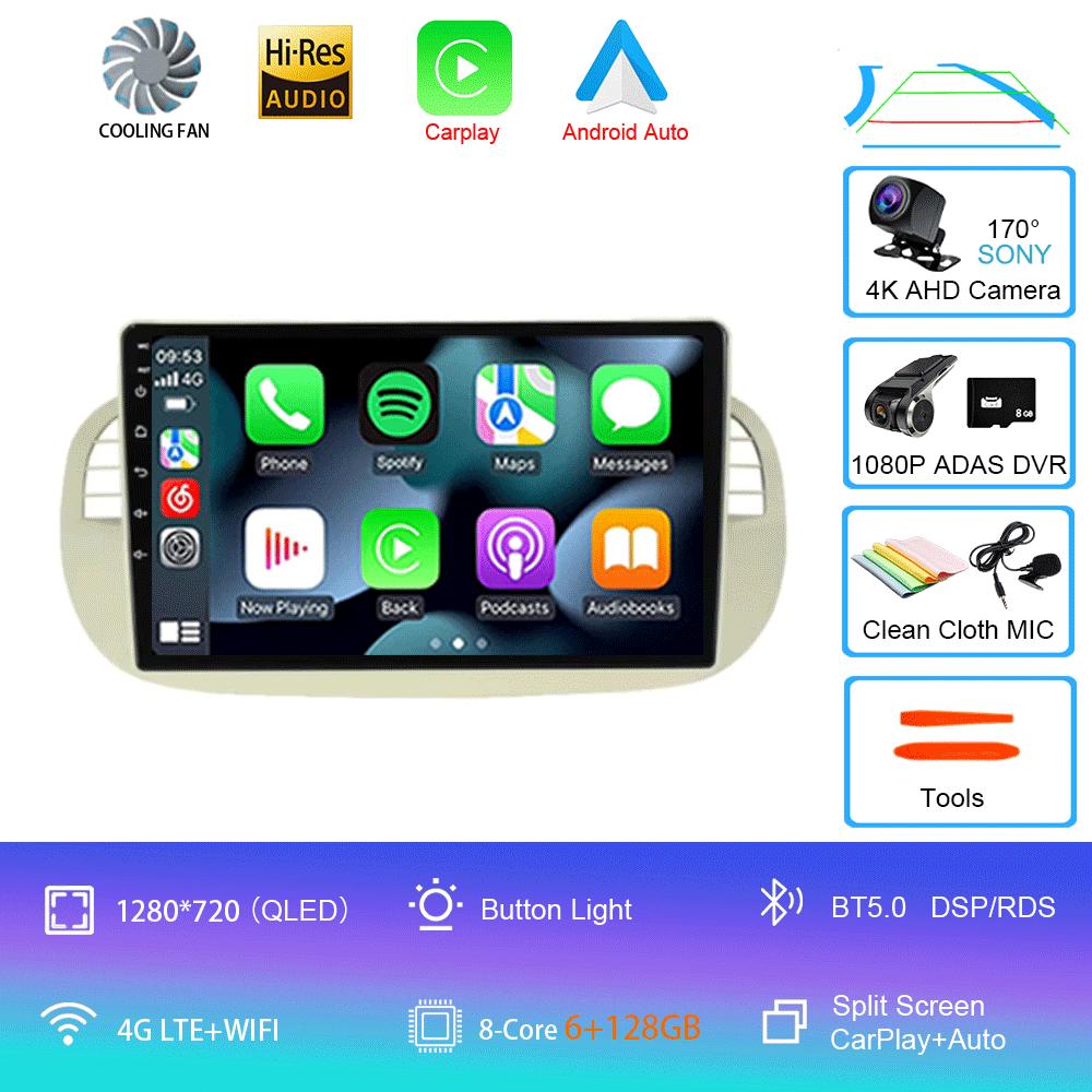Car Radio Android 14 For Fiat 500 Navigation GPS Multimedia Player Stereo 5GWiF+4G SIM BT Wireless Auto Carplay 360 Camera 2 DIN