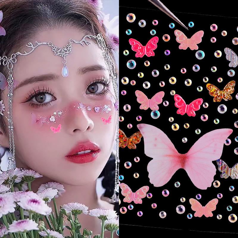 Waterproof Rhinestone Butterfly Face Stickers Pearl Temporary Tattoo Stickers Lasting Glitter Body for Nail Face Makeup Decora