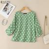 ZANZEA Women Casual Round Neck 3/4 Sleeve Loose Polka Dot Print Blouse
