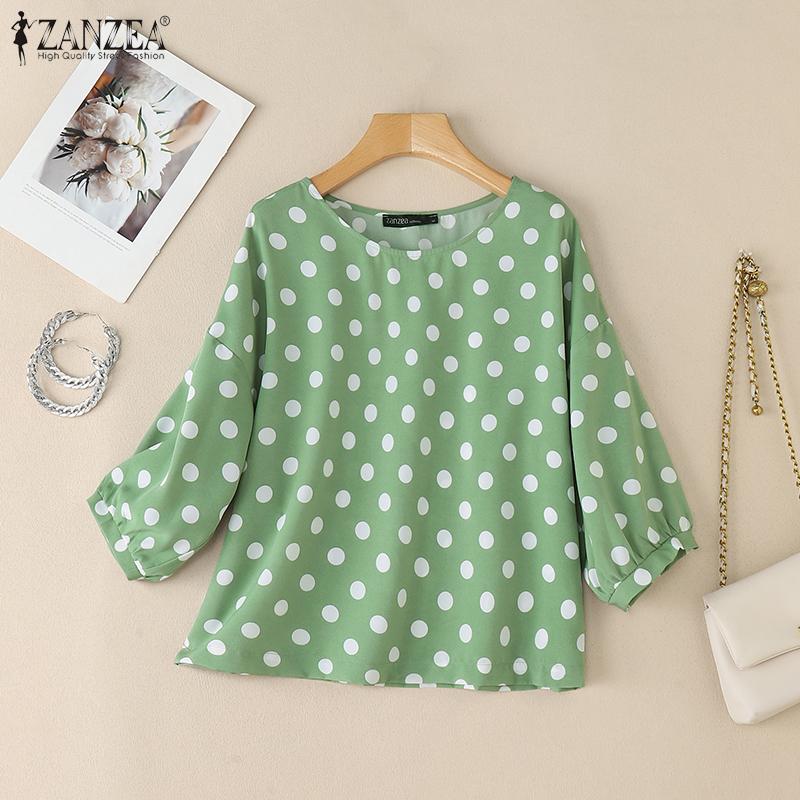 ZANZEA Women Casual Round Neck 3/4 Sleeve Loose Polka Dot Print Blouse