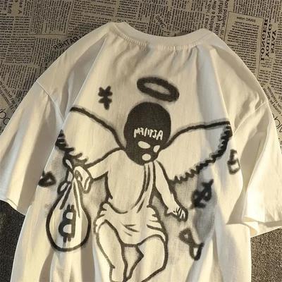 European American Retro Dark Angel Short-Sleeved T-Shirt Ins Trend Loose Street Style Hip Hop Couple Dress Oversized Tops