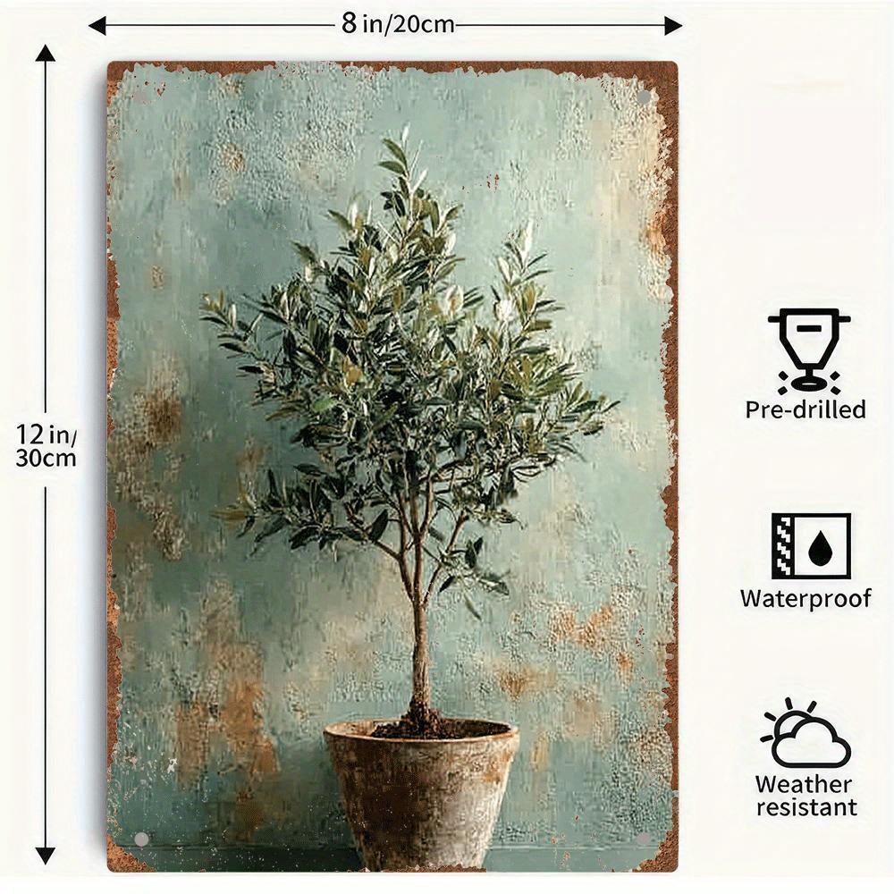 Single Potted Olive Tree  Vintage Wall Decor  Perfect for Home Restaurant Bar Man Cave Cafe  Garage Interior Design 20x30cm（7.8x11.8inch）