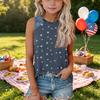Sleeveless Loose Fit Tank Top Independence Day Star Print Denim Patch Round Neck T Shirt for Women Casual Summer Wear