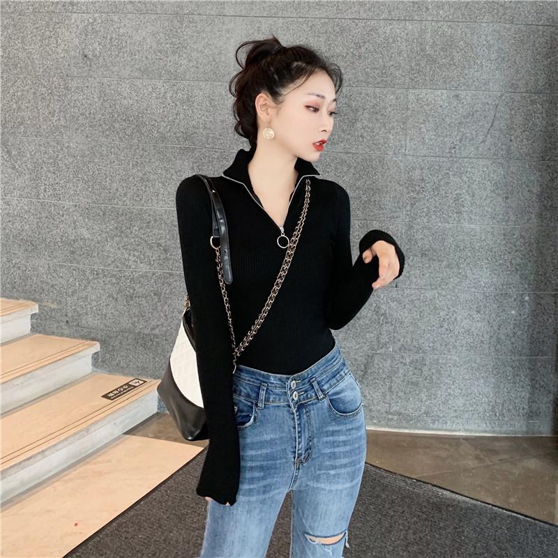 Autumn and Winter Sweater Women's Half Turtleneck Ring Zipper Slim Outer Wear Long-sleeved Mid-neck Bottoming Shirt Knitted Sweater Top