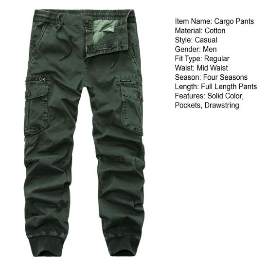 Men Cargo Pants Solid Color Zipper Fly Multi Pockets Drawstring Elastic Waist