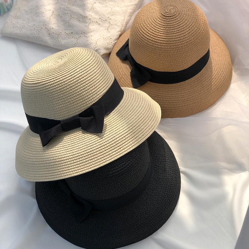 Hepburn Bow Ribbon Sun Hat Women'S Straw Hat Bucket Hat Color Sunscreen Sun Hat Beach Hat