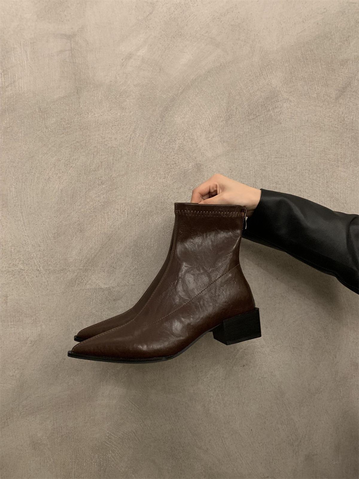 

Коричневые короткие сапоги на толстом каблуке с острым носком, женская обувь весна, осень и зима 2024, новые тонкие голые сапоги, ковбойские сапоги в стиле вестерн 39