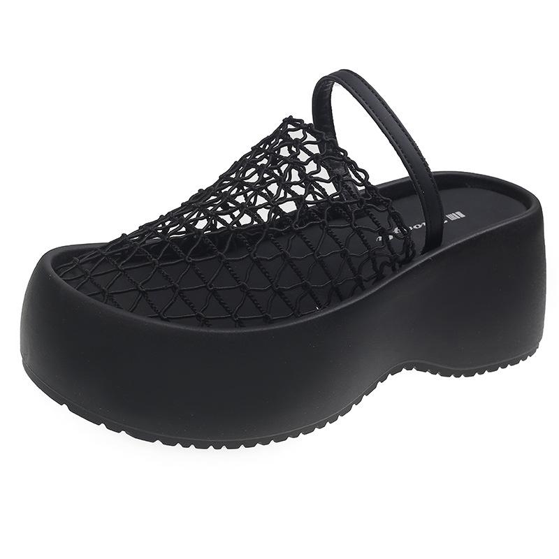 

New summer design mesh hollow breathable bag head half slippers women s thick-soled Roman muffin shoes sandals 40 чёрный