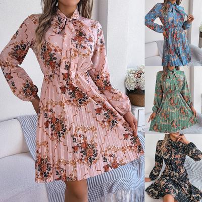 Stand Collar Print Flower Lace Up Dress High Waist Elegant  Pleated Dress for Women Long Sleeve Loose Dresses Causal Dress