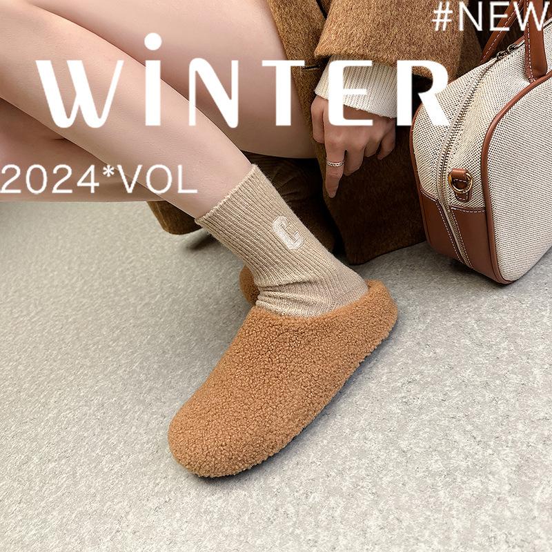 Grape Mother Autumn and Winter New Bag Head One Pedal Thermal Cotton Shoes Plush Half Slippers Women Wear Autumn and Winter