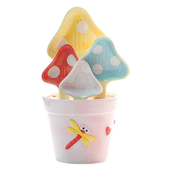 4Pcs Ceramic Measuring Spoons Set, Flower Pot Shape Spoon Holder with Mushroom Spoons, Cute Kitchen Tool for Rice Baking, Valentine s Gift for Her 1 Set