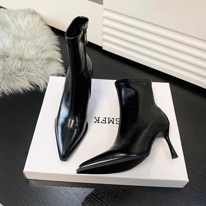 Fashion Sexy Pointed Punk Style Thin High Heels Women Ankle Boots Sexy Patent Leather Shoes Fashion Zipper Banquet Party Pumps