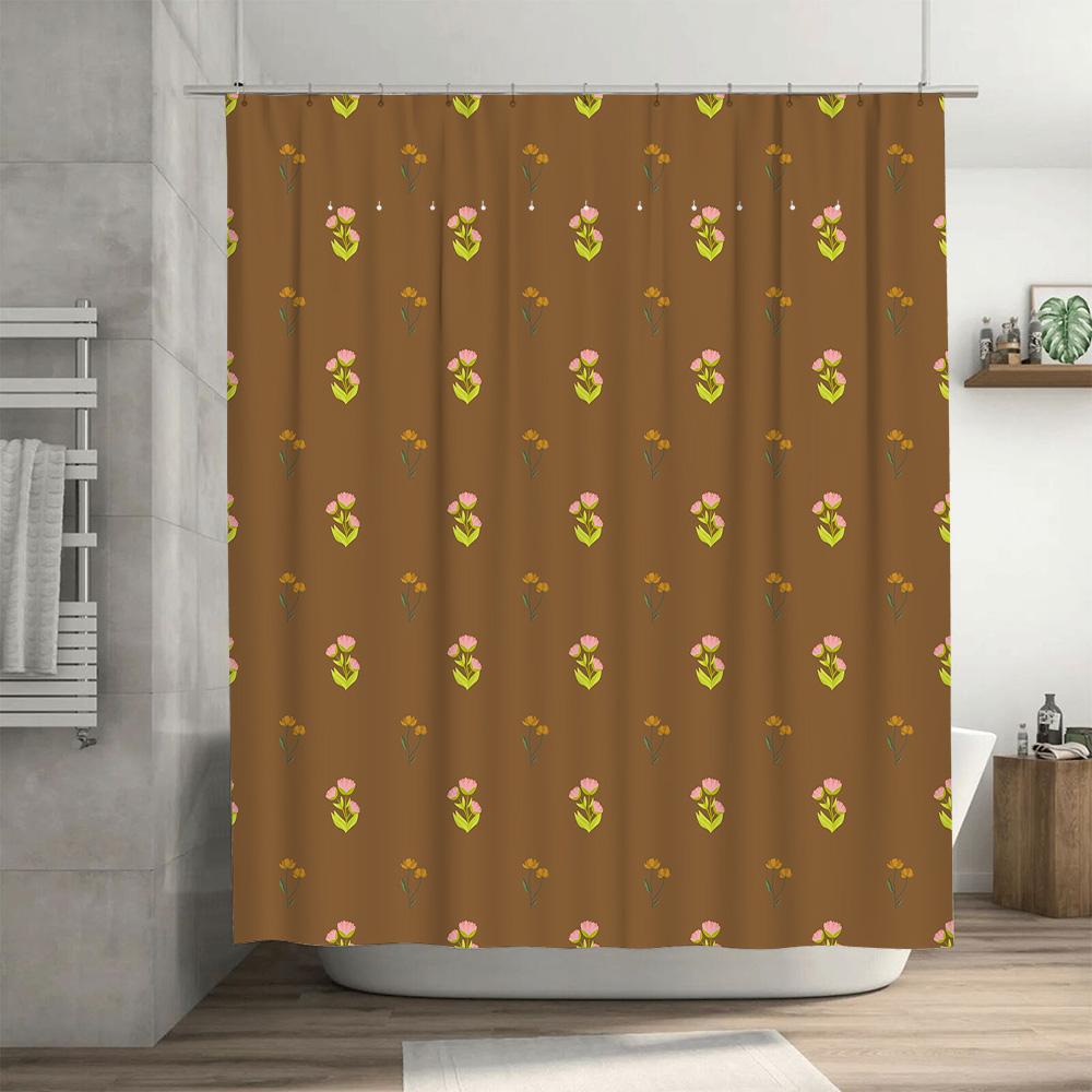 Modern Bathroom Shower Curtain Decor With Simple Style Flowers Print, Waterproof Fabric Material For Bathrooms Decoration Brown