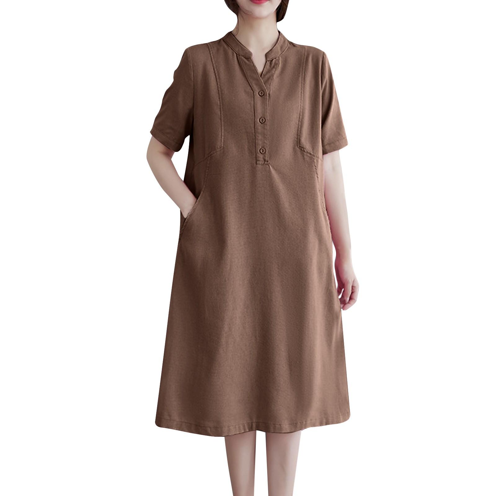

Жіноча сукня Літні нові літні вільні однотонні бавовняні лляні сукні з V-подібним вирізом і короткими рукавами середньої довжини M кавовий