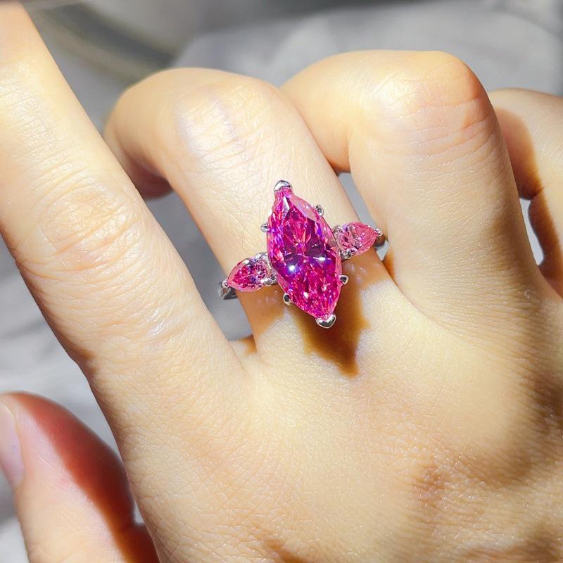 Pink Marquise 6-Carat Moissanite Three-Stone Ring with S925 Silver Inlaid European American Design