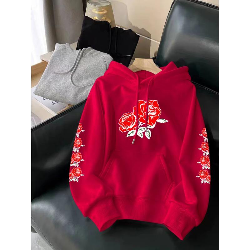 Rose Printed Hooded Men Women Hoodies Plus Size Fashion Sweatshirt Harajuku Long Sleeve Unisex Streetwear Tops