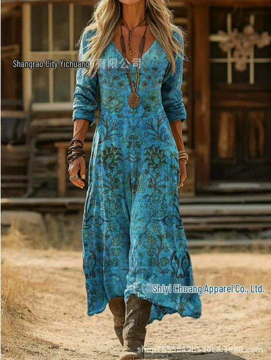 2026 Spring Retro V-neck Long-sleeved Plus Size Dress