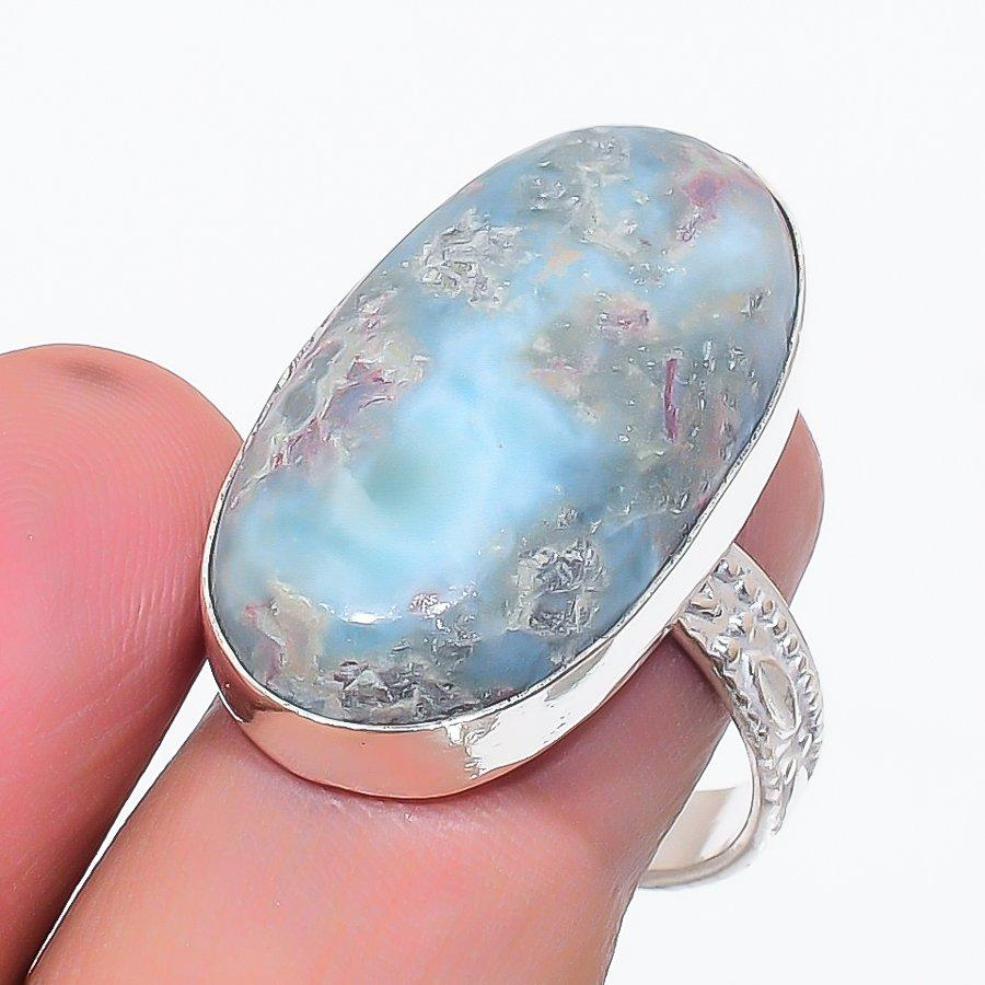 Natural Larimar Gemstone Handmade 925 Sterling Silver Jewelry Ring Size 9 g3n71