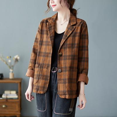 Autumn New Retro Style Plaid All Match Suit Short Jacket for Women Loose and Versatile Slimming Vintage Fashion Top