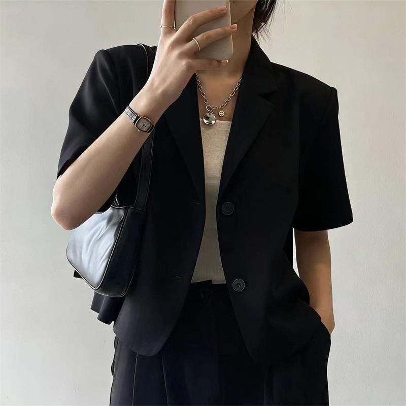 Women Cropped Short Sleeve Blazer Lapel Single Breasted Casual Office Suit Jacket Elegant Commuter Outerwear