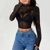 Getrays Durchsichtiges Mesh mit glänzendem langem Lagenlook Mock Sheer Mesh Bluse Damen T-Shirt Pailletten, Ärmel, Dünn, Schwarz, Durchsichtiges Oberteil, Schlankmachend, Stilvoll,