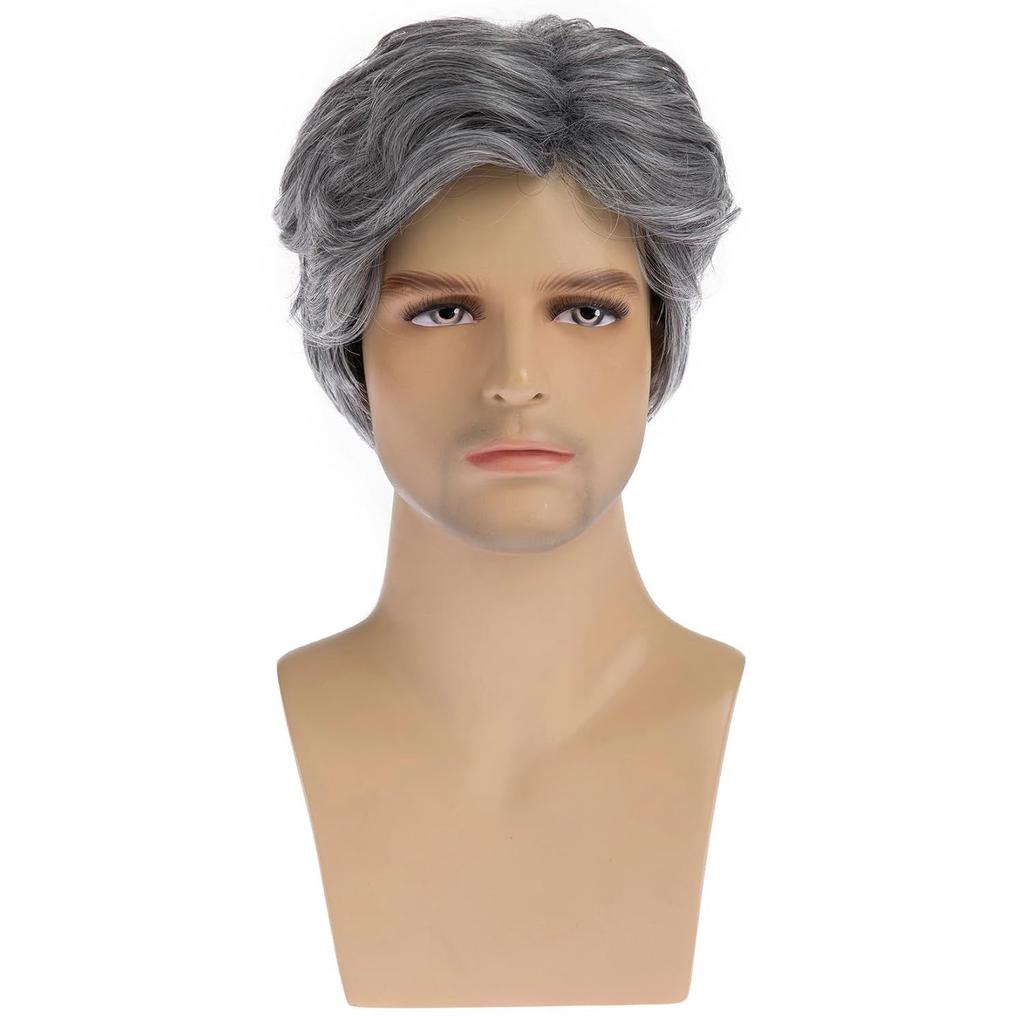 Middle-Aged Men's Side-Part Textured Wig, Grey Short High-Temperature Fiber Hairpiece