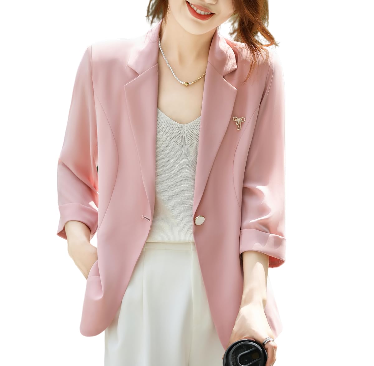 

[BXINF] Women s Summer Cool Tailored Jacket, Lightweight, 3/4 Sleeves, Slimming, Formal, Elegant, Plus Sizes (JP, Alphabet, 2XL, Pink)