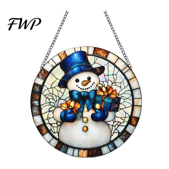 Winter Wonderland Party Decorations Christmas 2D Acrylic Hanging Ornaments, Stained Glass Style Snowman Santa Snowflake Patterned Decor Window Hanger