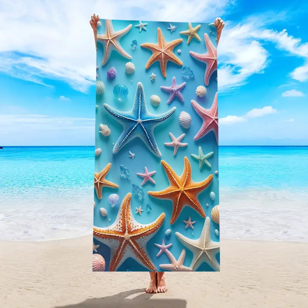 Beach-Style Shell & Starfish Polyester Beach Towel, 2D Printed, Quick-Dry Lightweight, All-Season Unisex, Ideal for Beach/Surfin