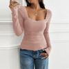 Women's Solid Casual Slim Fit Threaded U Neck Lace Long Sleeve T-Shirt