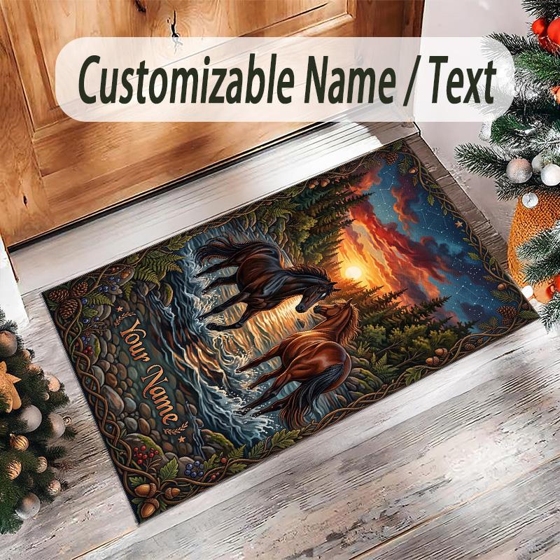 Horse Theme Crystal Velvet Floor Rug Personalized Custom Name Text Warm Carpet Home Decoration