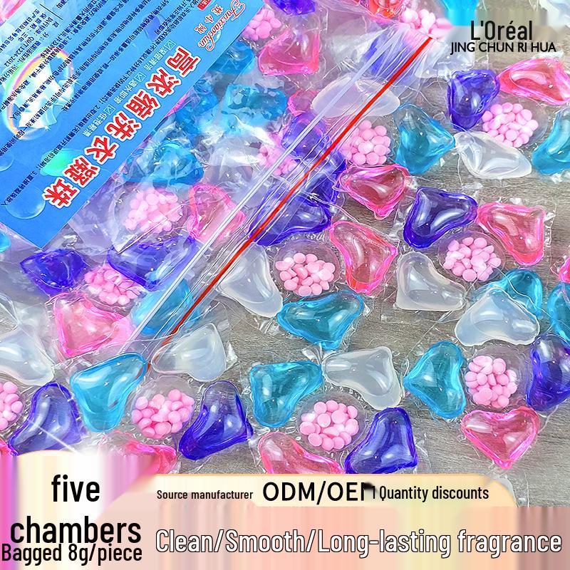 100-piece pack of five-in-one laundry pods with fragrance, softening, stain removal, and five-chamber design.