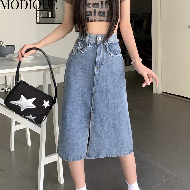 MODIQUE Summer Shorts Skirt Women Elastic Loose Casual Vintage Female A-Line Solid Sweet High Waisted Denim Skirt Blue