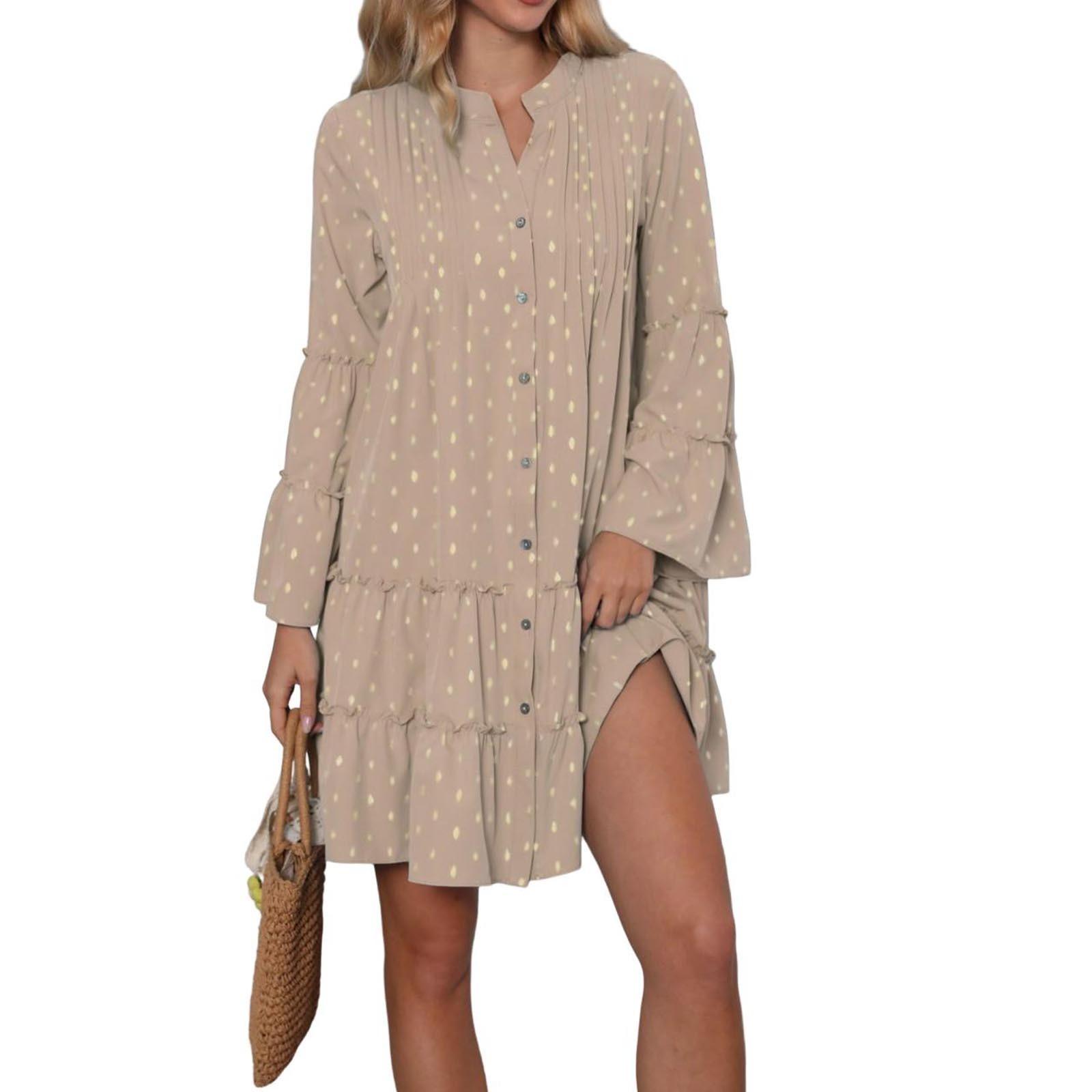 

Женские платья с тиснением, плиссированные, расклешенные рукава, свободные, длинные рукава M хаки