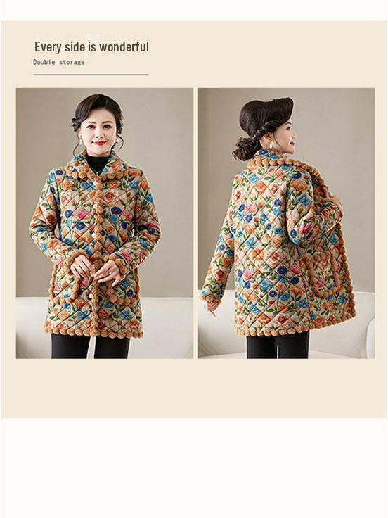 2025 Winter Stylish Floral Velvet-Lined Mid-Length Cotton Coat for Women - Elegant and Warm Autumn/Winter Outerwear