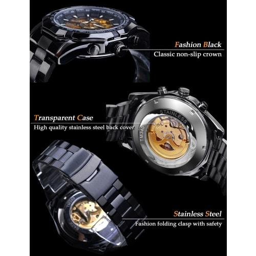 FORSINING Men's Automatic Skeleton Watch, Hollow Mechanical Automatic Luxury Watch with Blue and Black Stainless Steel Band, Waterproof, Black Gold, M