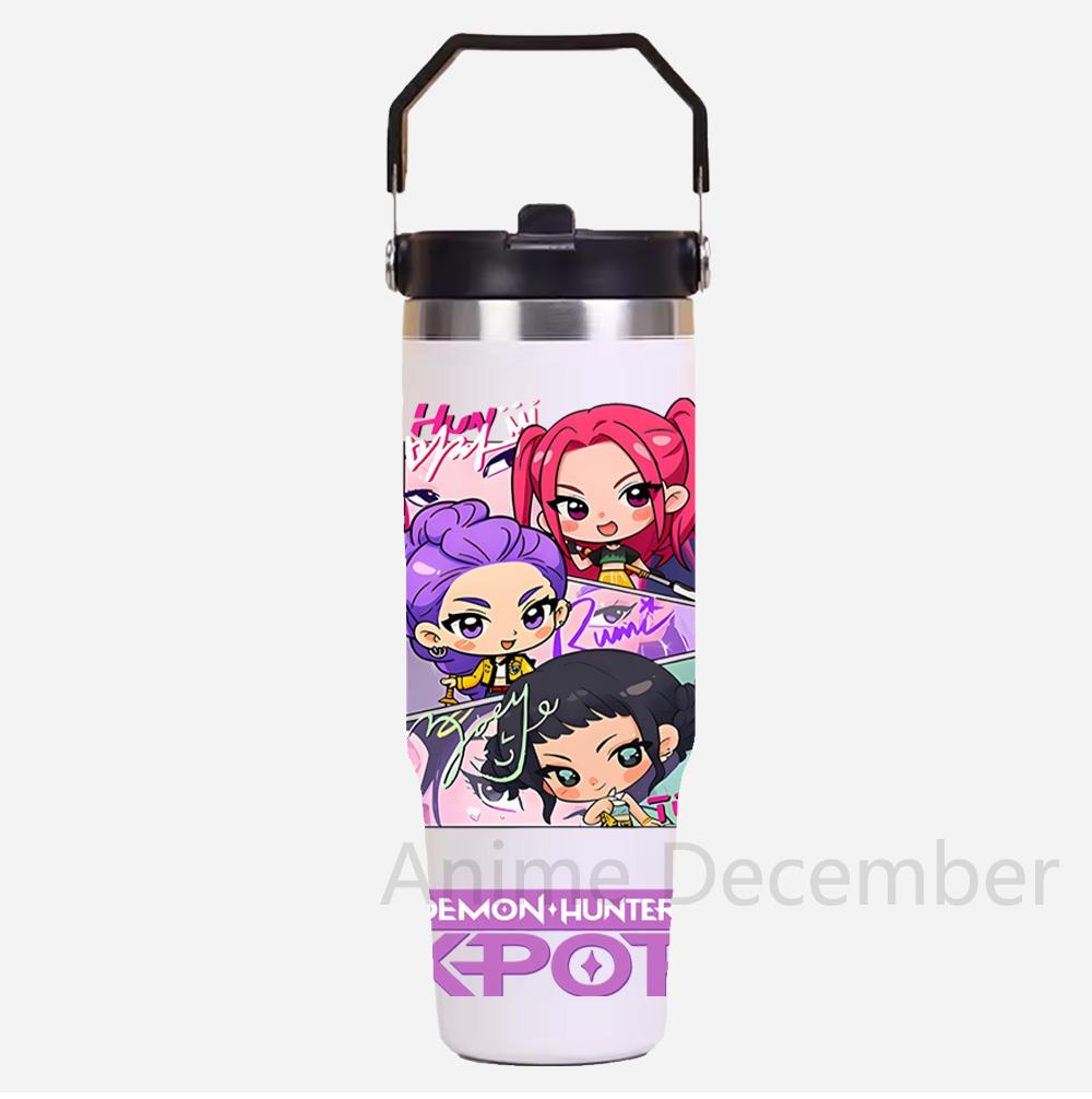 30Oz Anime K-Pop Large Capacity Portable Car Cup Stainless Steel Thermos Cup with Straw Handle Travel Sports Water Bottle Vacuum Flask
