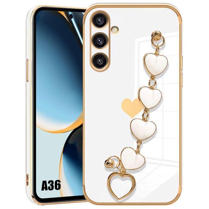 Coque pour Samsung Galaxy A36 5G, Silicone Blanc Effet Luxe Ultra Slim Antichoc avec Bracelet Cœur