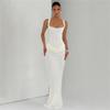2026 Spring European & American Style Square Neck Pleated Spaghetti Strap Waist-Cinched Hip-Hugging Long Dress