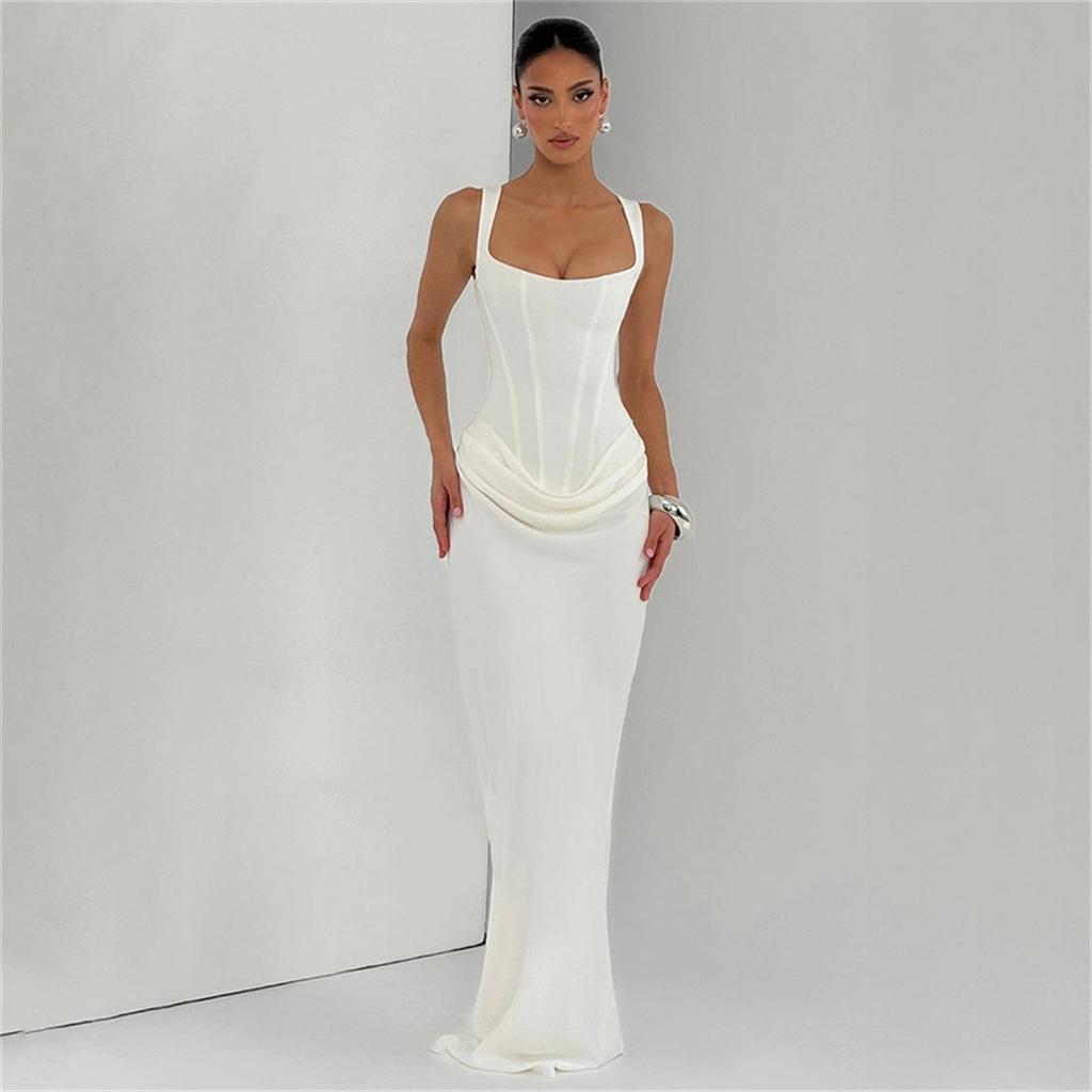 2026 Spring European & American Style Square Neck Pleated Spaghetti Strap Waist-Cinched Hip-Hugging Long Dress