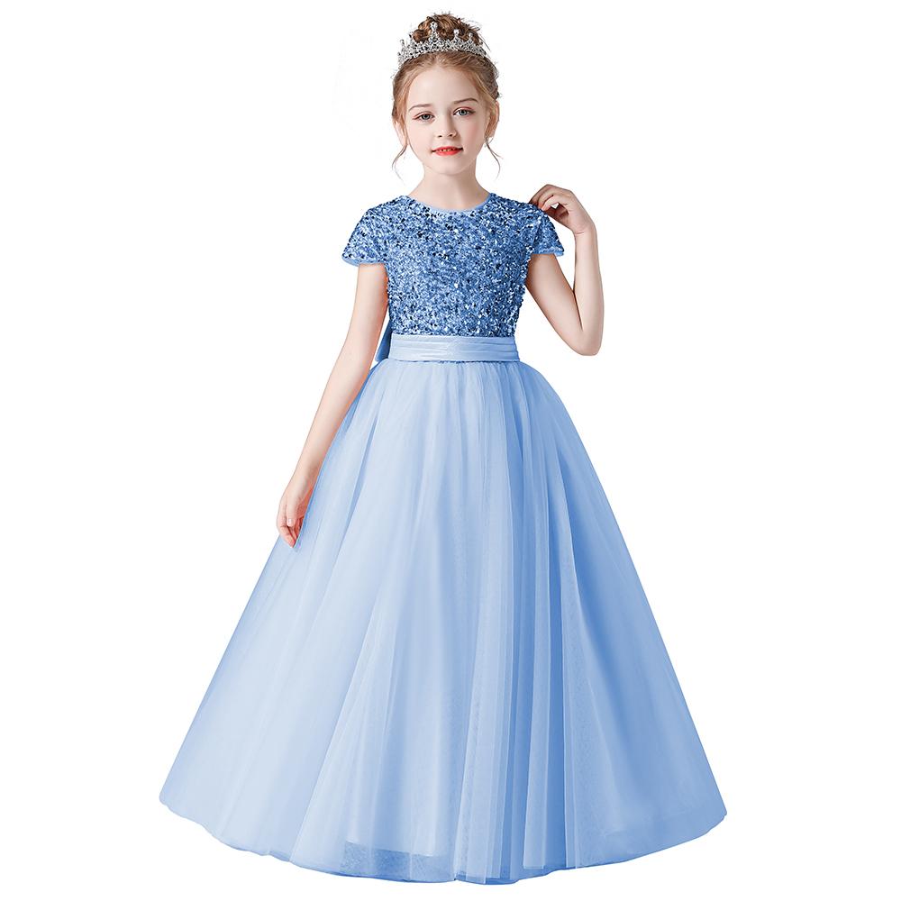 Princess Dress for Children Sparkly Sequin Short Sleeve Flower Girl Dress Tulle Kid Birthday Party Pageant Prom Gown Junior Bridesmaid