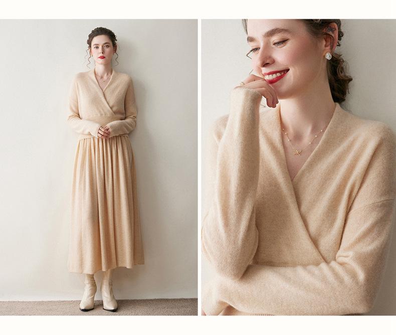 Women's Cross V-Neck Cashmere Sweater - 2026 Autumn/Winter French Robe Style Knit Outerwear