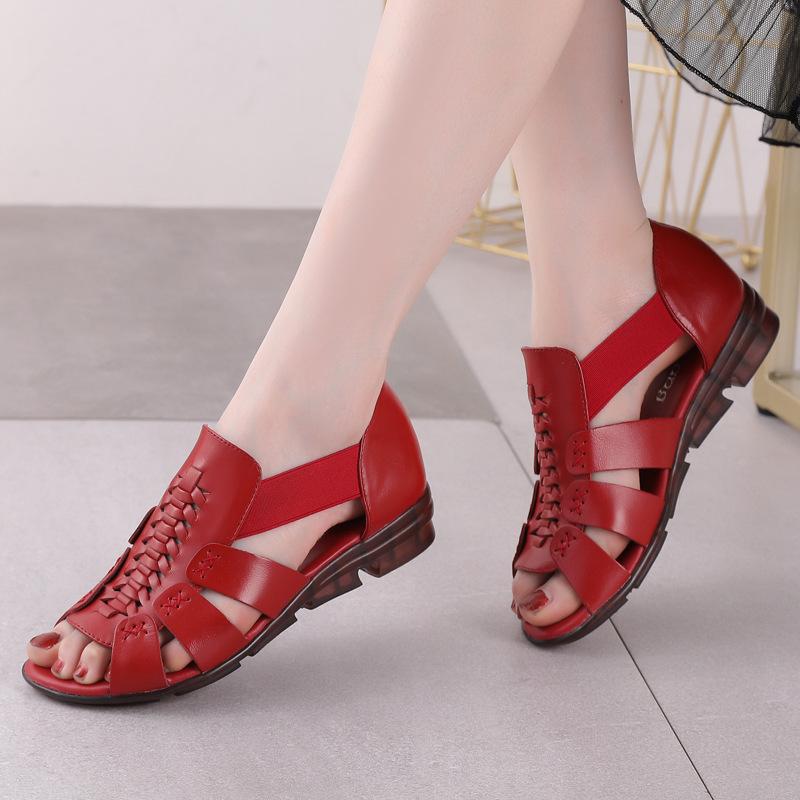 2025 Summer Shoes Women's Sandals Woman Open Toe Wedge Sandals Genuine Leather Outdoor Shoes Office Ladies Low Heeled Shoes