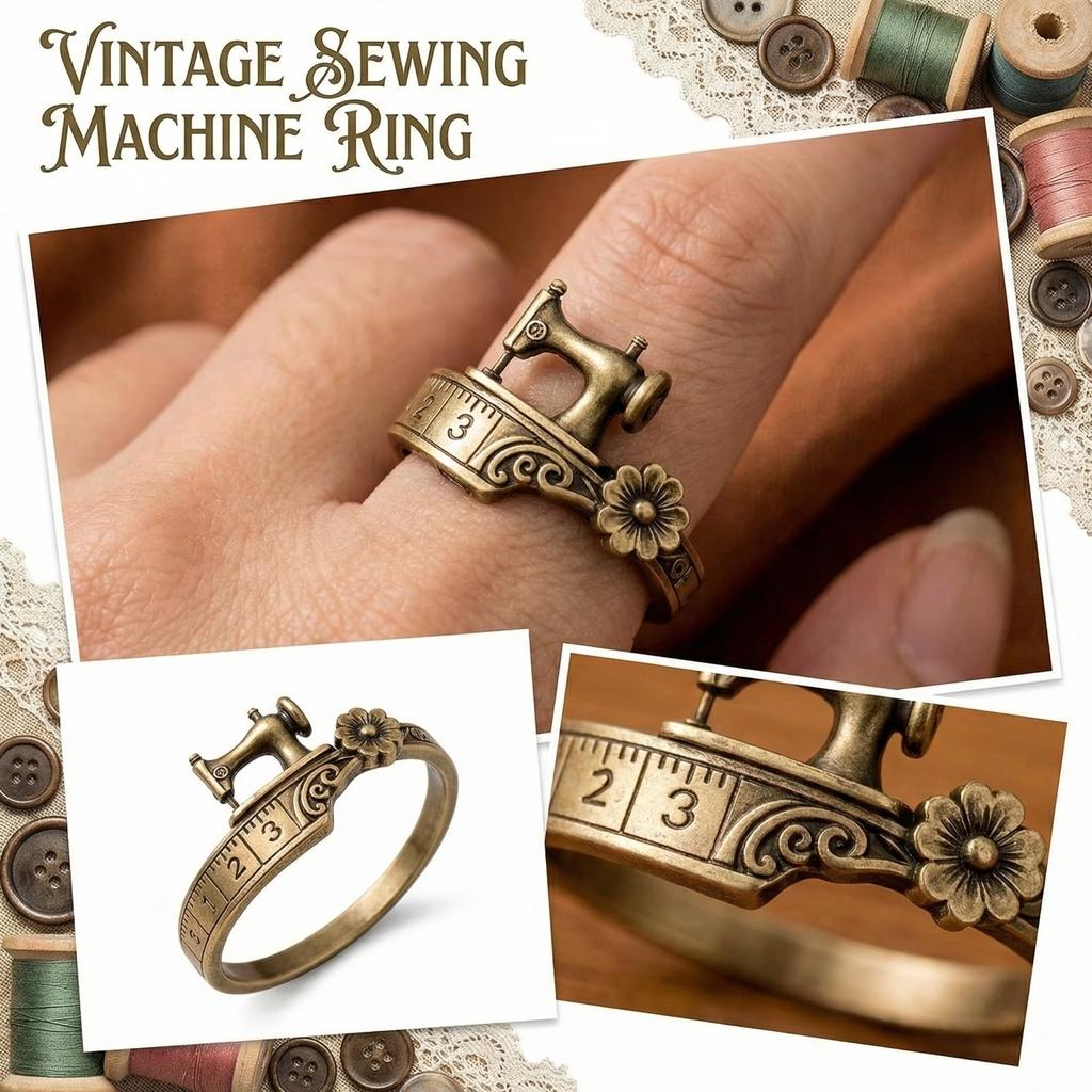Vintage Sewing Machine Ring Adjustable Band with Measuring Tape Design and Floral Accent Metal Jewelry Accessory for Craft Enthusiasts