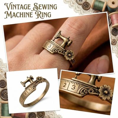 Vintage Sewing Machine Ring Adjustable Band with Measuring Tape Design and Floral Accent Metal Jewelry Accessory for Craft Enthusiasts