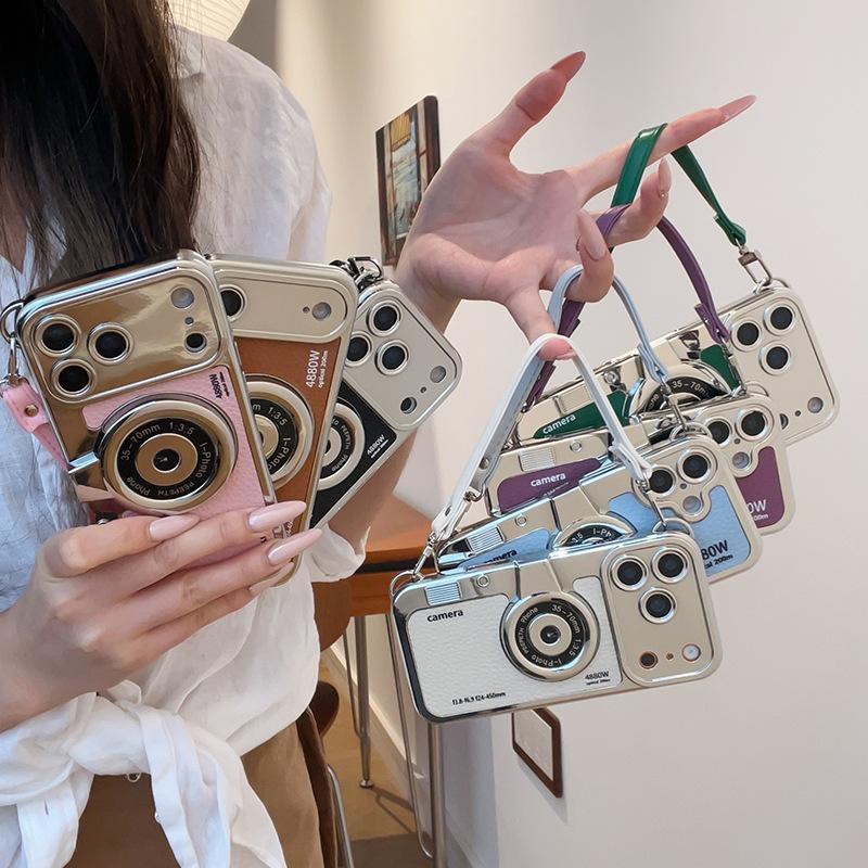 Creative 3D Camera Phone Case For iPhone 17 16 15 14 Plus 13 12 11 18 Pro Max Lens Protective Shockproof Cover with Lanyard
