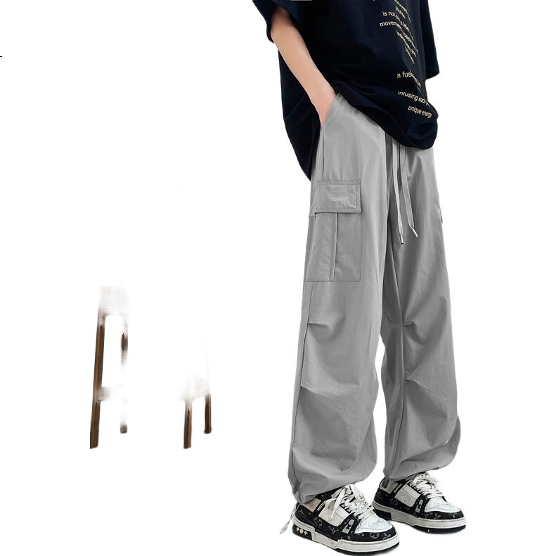 Homlean American-Style Wide-Leg Paratrooper Cargo Pants for Men, Spring Outdoor Sports Versatile Heightening Straight-Leg Trousers KMX05 Black 2XL